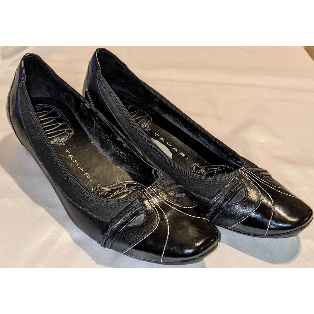 Tahari Salo Women's Ballet Flats Black Leather w/ Fabric Trim Size 8.5 M